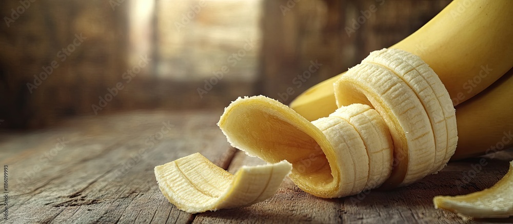Fototapete close up of sliced peeled banana on a wooden table background. with copy space image. place for addi