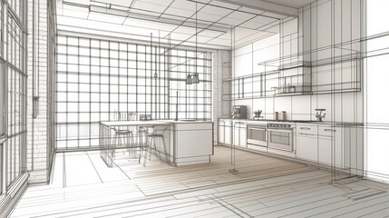 Home architecture interior project building or renovation refurbishment and restoration contractor service with a mixed realistic and structural drawing wireframe line wide banner