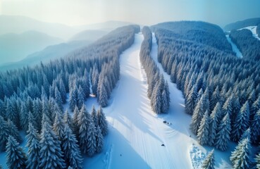 Snowy winter landscape on ski resort. Snow covered trees, ski slopes visible from aerial view. Snowmobiles seen on slope. Terrain high in mountains. Sunny winter day in snowy alpine area.