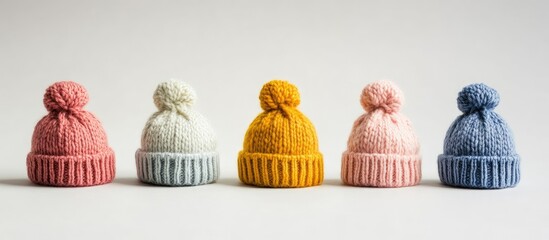 Adorable small knitted hats in various colors. with copy space image. Place for adding text or design