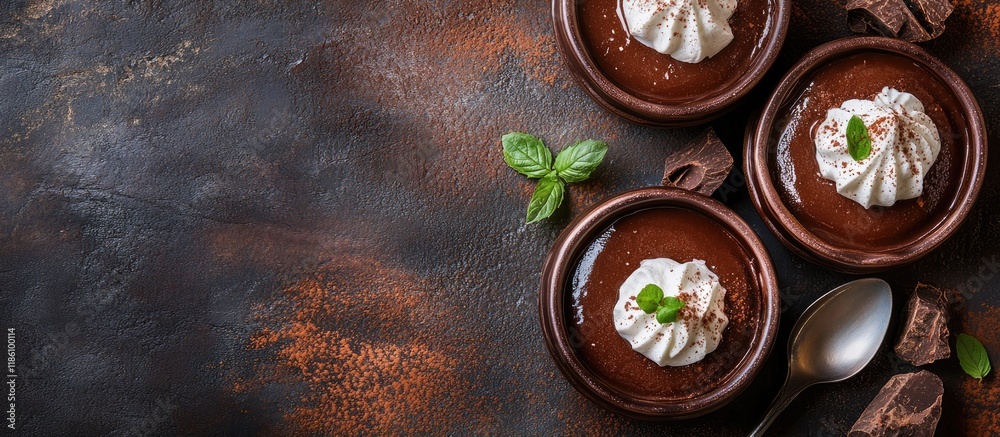 Poster chocolate pudding souffle with cocoa cream cream and vanilla is a sweet dessert that serves as a hea