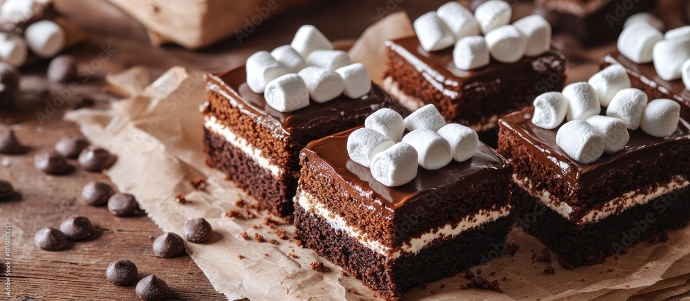 Poster Chocolate cake slices made from cookies and cocoa topped with marshmallows displayed on bakery paper High key still life food style in a Hugge Scandinavian Nordic aesthetic. with copy space image