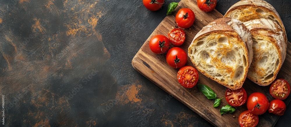 Poster flat lay of appetizing bread and chopped tomatoes with copy space food photography