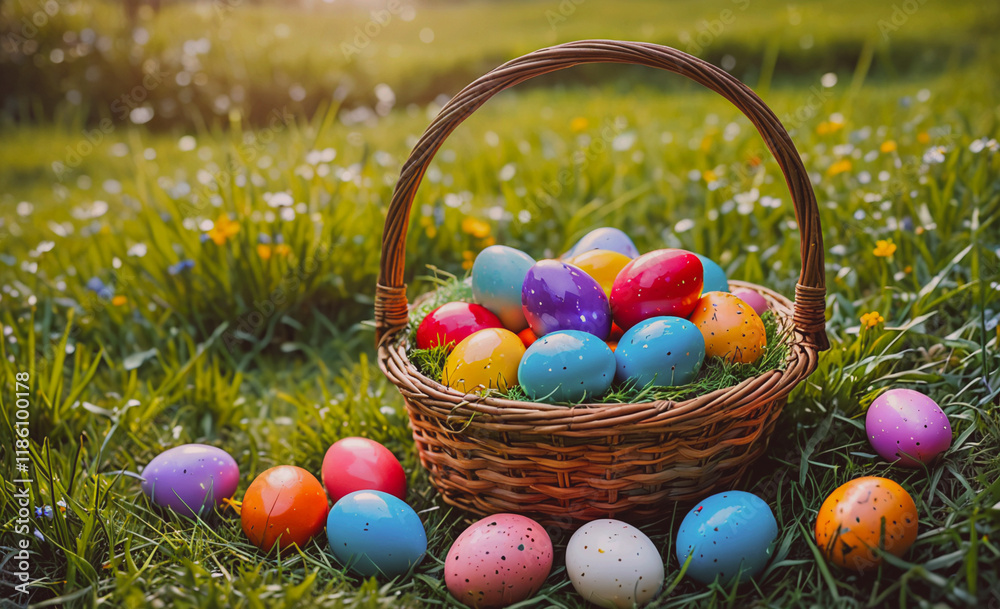 Poster basket full of easter eggs is sitting on the grass. there are many different colors of eggs in the b