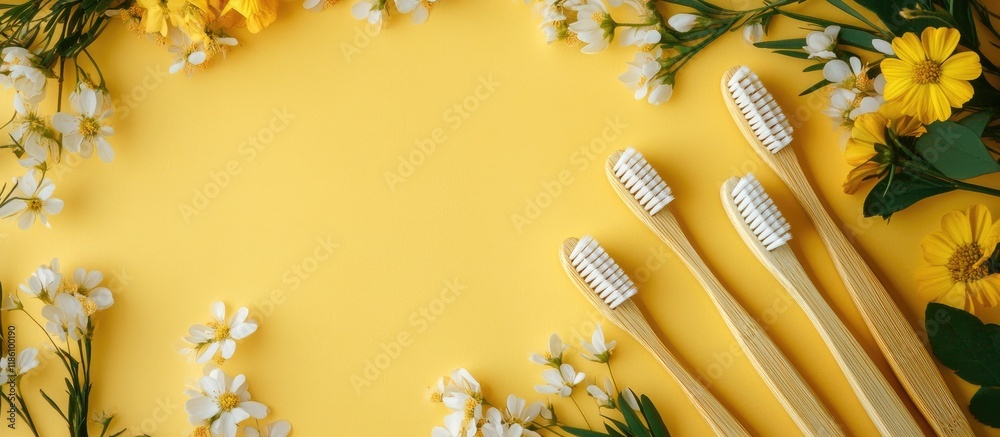 Aufkleber Four bamboo toothbrushes on a yellow backdrop surrounded by a floral frame Eco friendly. with copy space image. Place for adding text or design