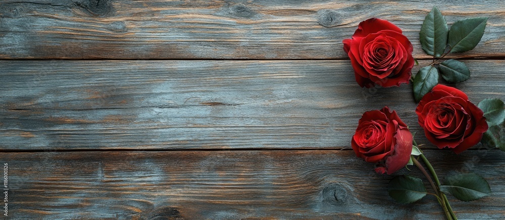 Aufkleber red roses on a wooden surface. with copy space image. Place for adding text or design