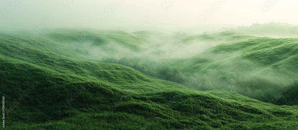 Wall mural green landscape in the early morning shrouded in fog. with copy space image. place for adding text o