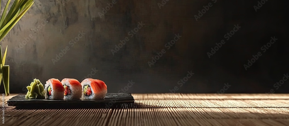 Poster japanese cuisine seafood sushi rolls for setsubun. with copy space image. place for adding text or d