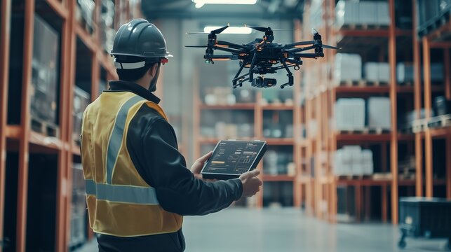 Warehouse with drone and worker using tablet for inventory management.