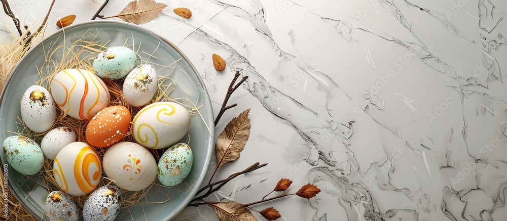 Poster top view of a plate featuring festive painted and unpainted easter eggs along with dry hay and tree 