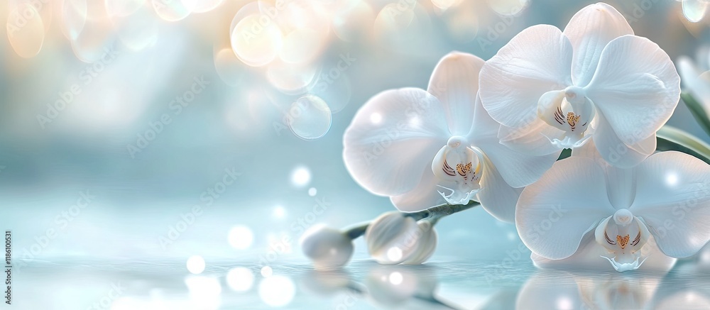 Fototapete Branch of a lovely white orchid in soft pastel hues. with copy space image. Place for adding text or design