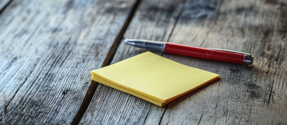Poster Post it notes and a pen on a wooden surface. with copy space image. Place for adding text or design
