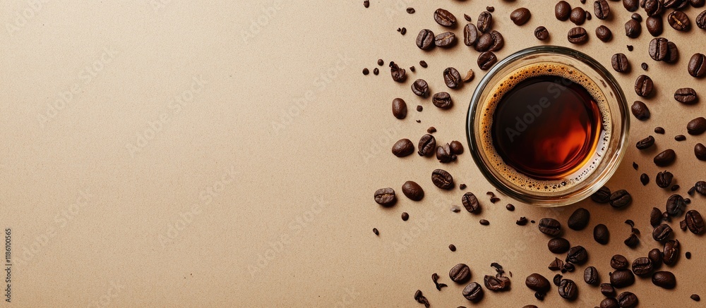 Poster craft paper with ribbed glass and aromatic coffee beans. with copy space image. place for adding tex