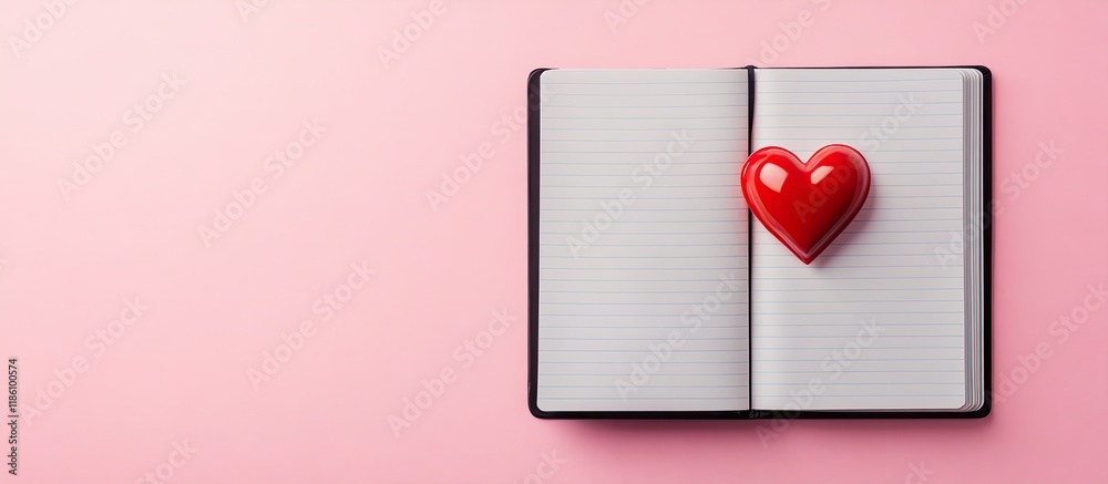 Poster Open blank notebook with a red heart on a pink background Concept of Valentine s Day and romantic occasions Love message Top view flat lay. with copy space image. Place for adding text or design