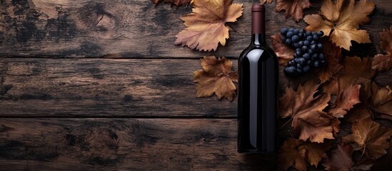 Bottle of red wine alongside withered vine leaves Aged wooden background. with copy space image. Place for adding text or design