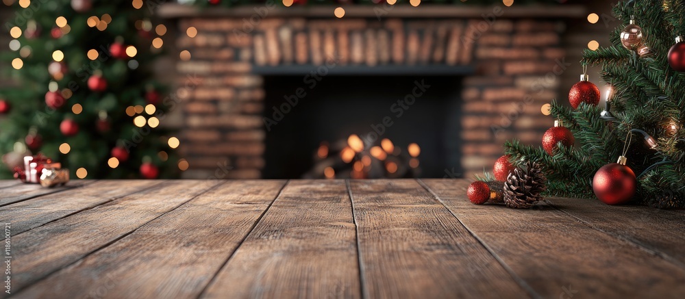 Leinwandbilder Table background of available space for your decoration and fireplace backdrop with Christmas tree. with copy space image. Place for adding text or design