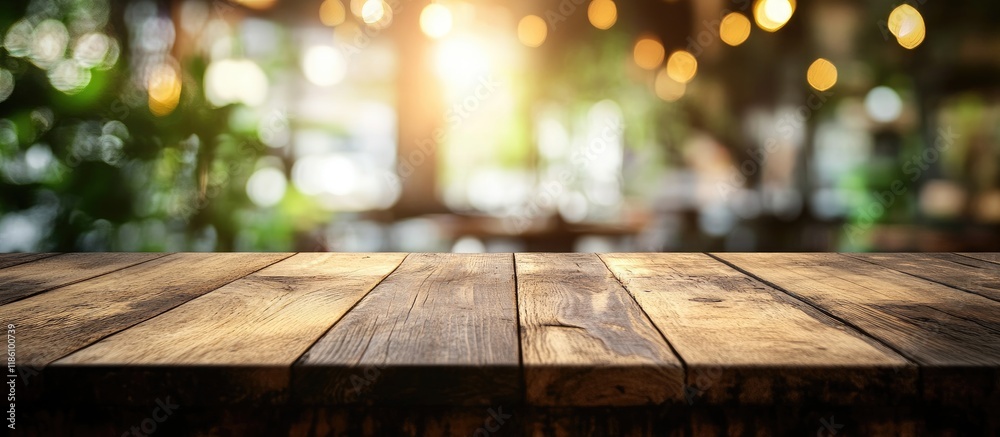 Poster selected focus on an empty brown wooden table with a blurred coffee shop background featuring bokeh 