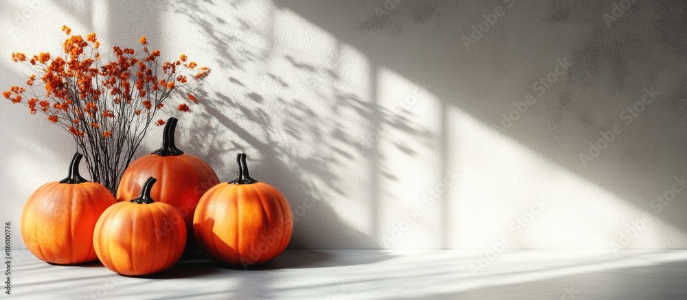 Leinwandbilder autumn arrangement featuring orange pumpkins in preparation for halloween attractive shadows cast by