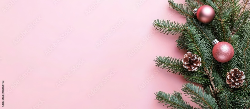 Aufkleber green christmas tree branches and ornaments on a pink background top view copyspace flat lay minimal