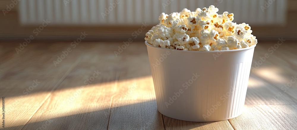 Aufkleber White bucket filled with popcorn on a wooden surface. with copy space image. Place for adding text or design