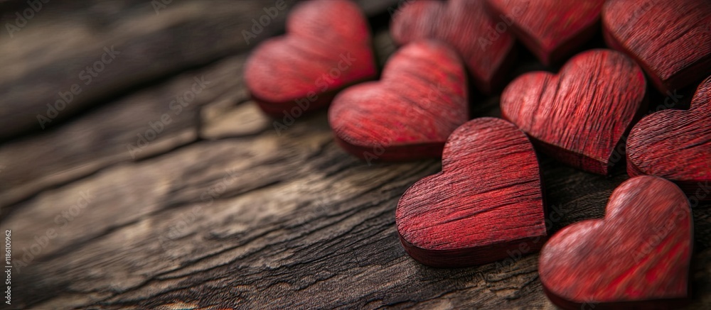 Poster Hearts on a Wooden Texture Valentine s Day backdrop Macro. with copy space image. Place for adding text or design