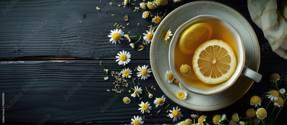 Fototapete Cup of chamomile tea with dried flowers and lemon slices on a black wooden table. with copy space image. Place for adding text or design
