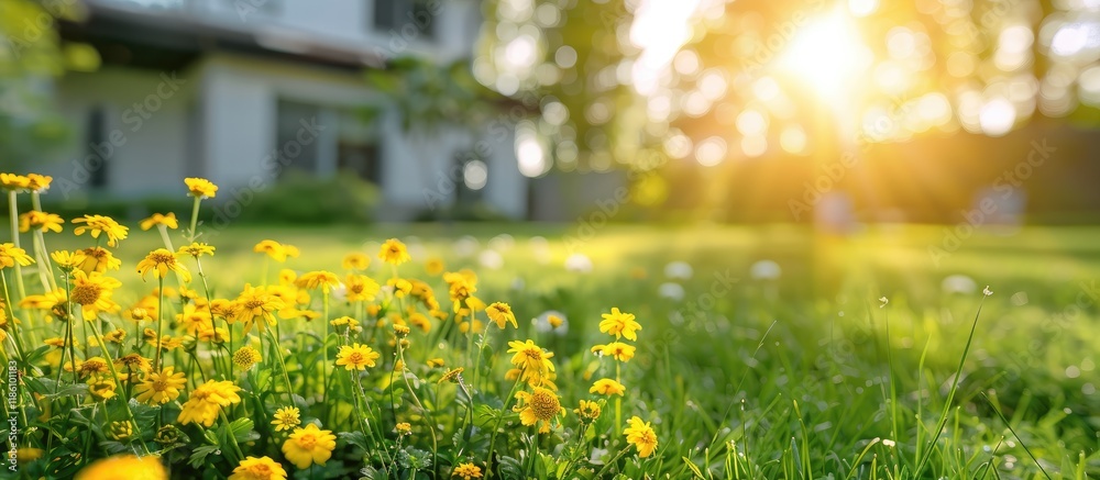 Fototapete abstract background with a blurred radial effect featuring yellow flowers and a green lawn behind a 