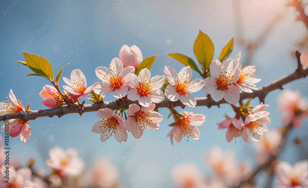 Poster branch with pink flowers on it. the branch is on the tree