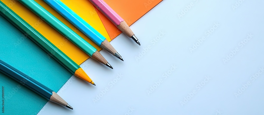 Leinwandbilder Top view of brightly colored papers and green pens neatly arranged on a white surface. with copy space image. Place for adding text or design