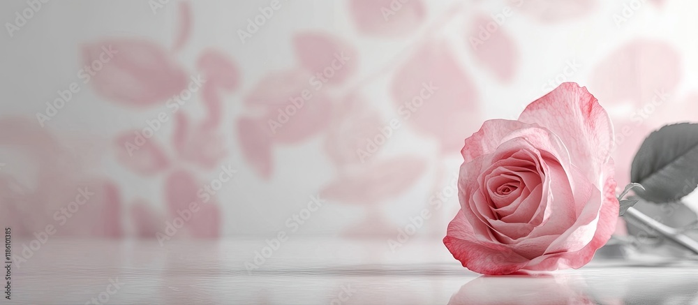 Leinwandbilder Pink rose in autumn on a white background Accompanied by a blurred image of printed monotone roses. with copy space image. Place for adding text or design