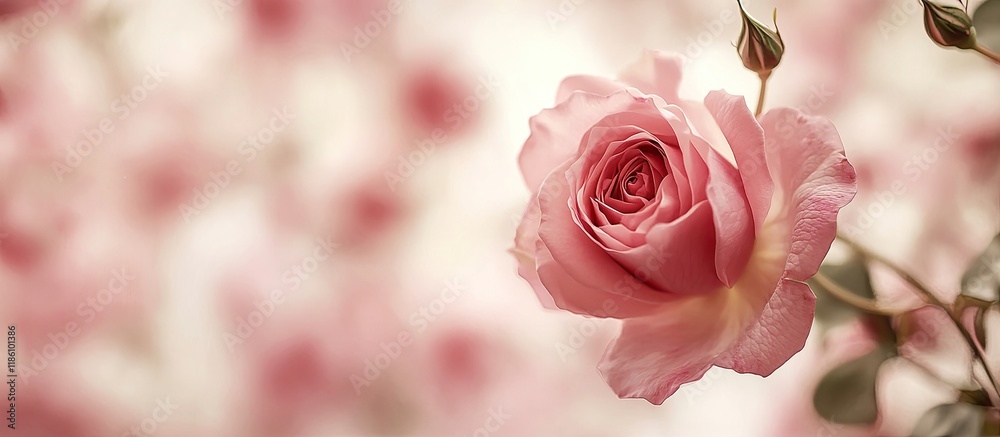 Poster pink rose in autumn on a white background accompanied by a blurred image of printed monotone roses. 