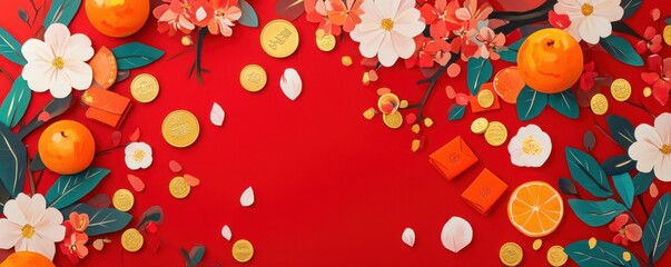 A festive Chinese New Year scene featuring red envelopes, gold coins, oranges, and blossoms on a vibrant red background. Perfect for conveying traditions
