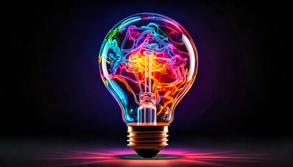 colorful glowing  neon transparent light bulb, dark background