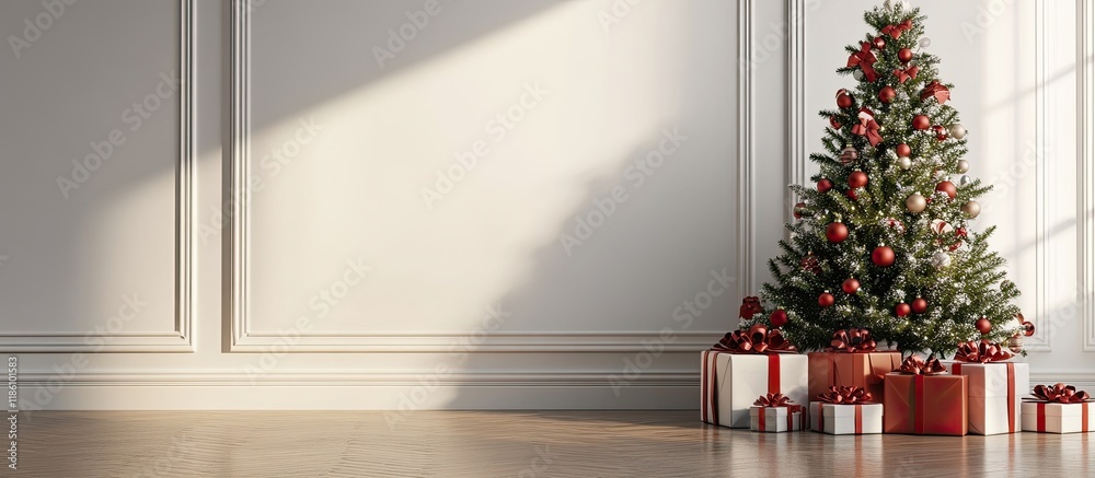 Poster lovely christmas tree with gift boxes in the room. with copy space image. place for adding text or d