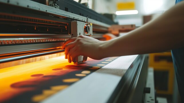 A hand adjusts fabric on a printing machine, symbolizing custom apparel production.