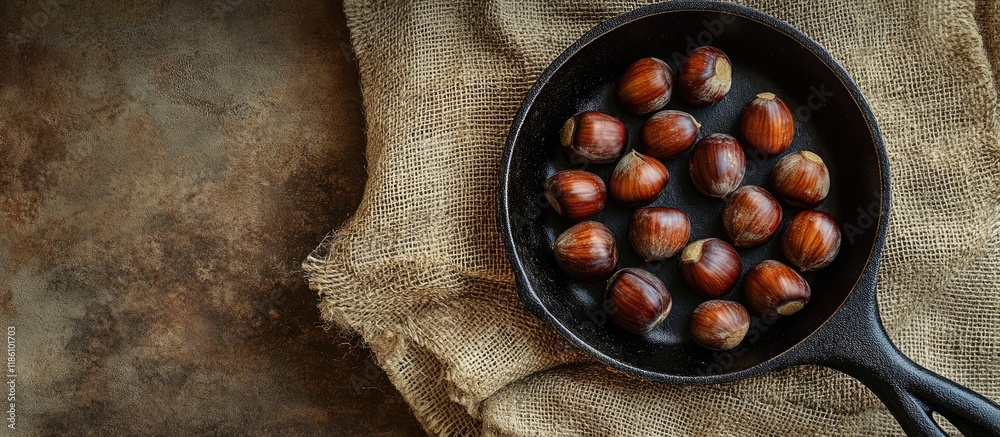 Poster ripe chestnuts on burlap with a cast iron frying pan background close up copy space