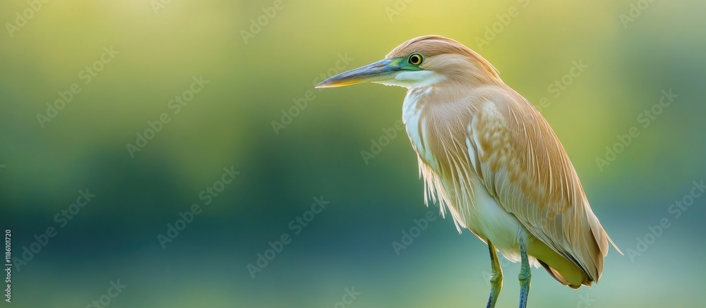 Poster squacco heron ardeola ralloides against a green background. with copy space image. place for adding 