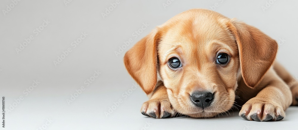 Poster charming and delightful puppy portrait photo captured in a studio with a white backdrop copyspace