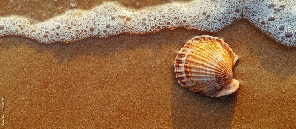 Poster seashells rest on damp sand close to the water on the beach a shell is positioned against the sandy 
