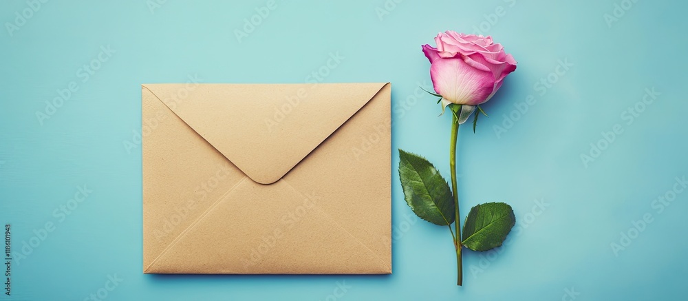 Poster Close up of an old brown envelope with a pink rose on a blue background Minimal flat lay. with copy space image. Place for adding text or design