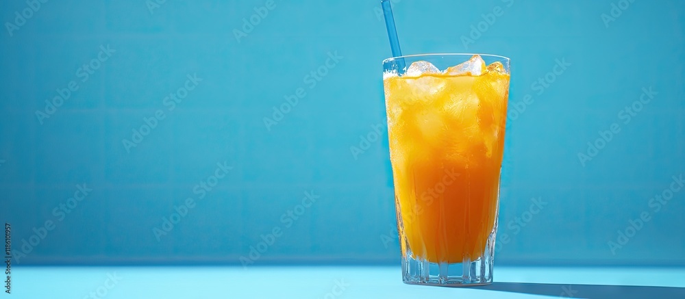 Poster A glass of orange juice with ice and a straw set against a blue background. with copy space image. Place for adding text or design