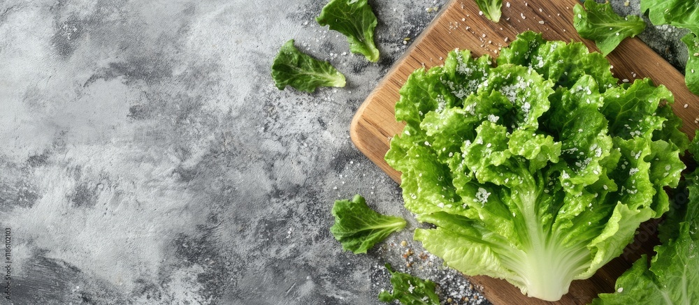 Fototapete fresh green lettuce head and seeds on a wooden kitchen board against a grey concrete background top 