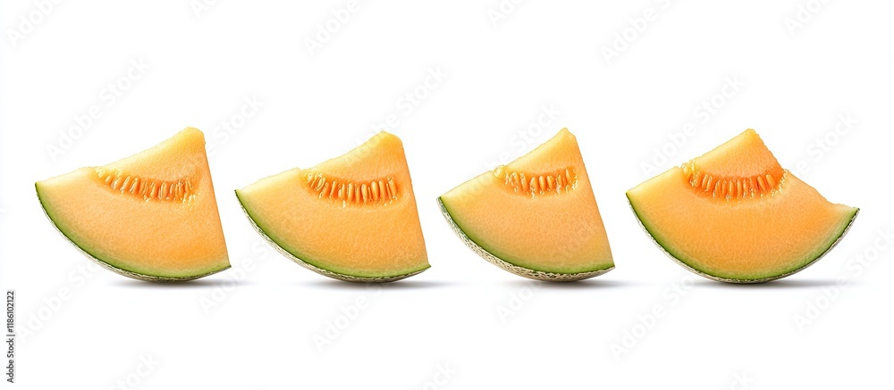 Poster cantaloupe melon slices set against a white background. with copy space image. place for adding text
