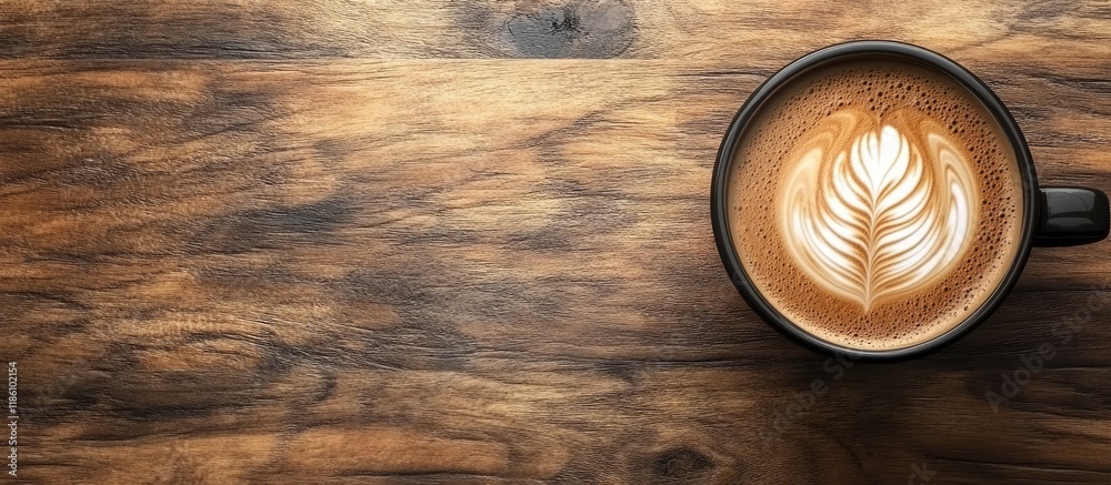 Leinwandbilder close up of latte art on hot coffee placed on a wooden table. with copy space image. place for addin