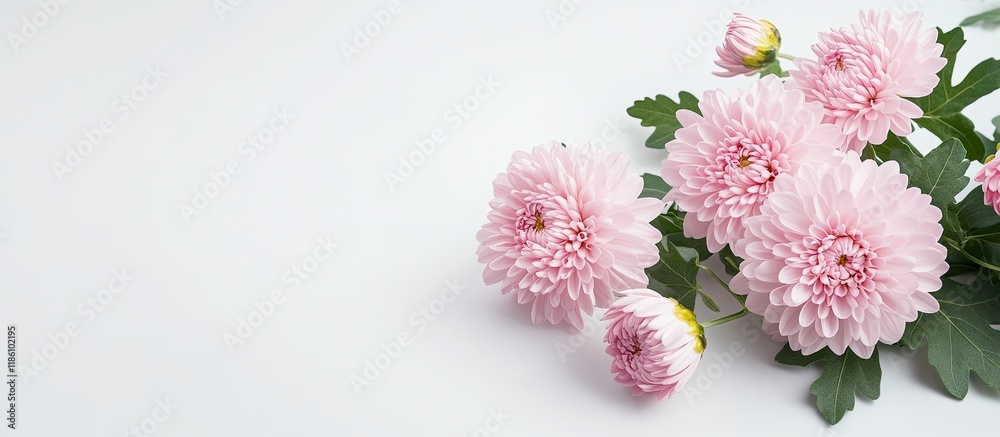 Leinwandbilder pastel colored cluster of pink chrysanthemum flowers in close up on a white background accompanied b