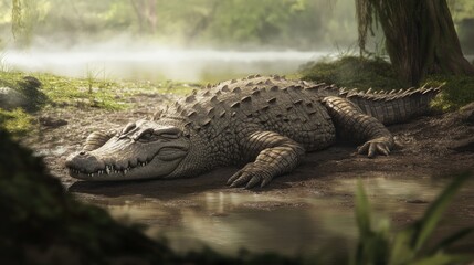Fototapeta premium Crocodile basking on the banks of a muddy river, its rough, scaly skin blending with the environment.