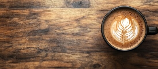 Fototapeta premium Close up of latte art on hot coffee placed on a wooden table. with copy space image. Place for adding text or design