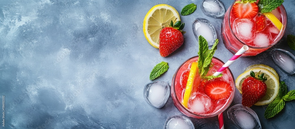 Aufkleber Fresh strawberry lemonade served with ice mint and a paper straw in sparkling glasses on a gray table background copy space A chilled summer drink Berry cocktail Top view flat lay overhead shot