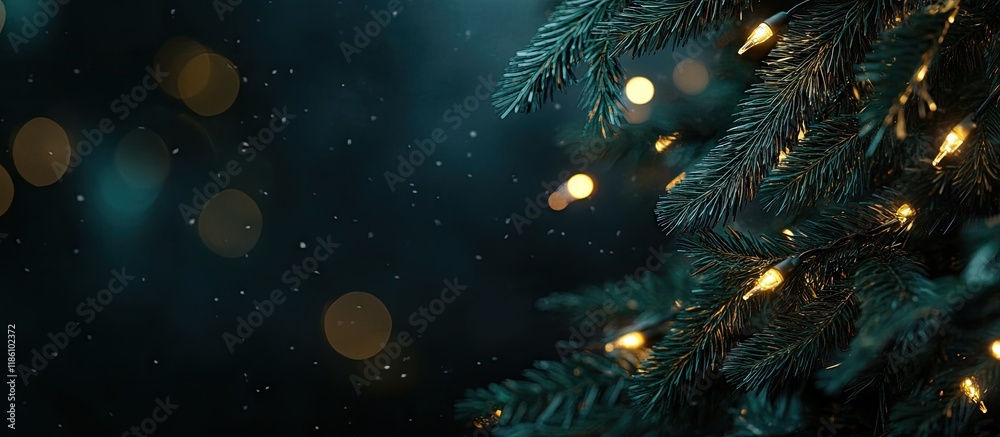 Poster background of a lit christmas tree selective focus holiday. with copy space image. place for adding 