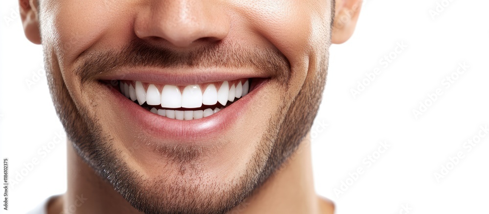 Poster Close up image of a smiling man against a white background. with copy space image. Place for adding text or design